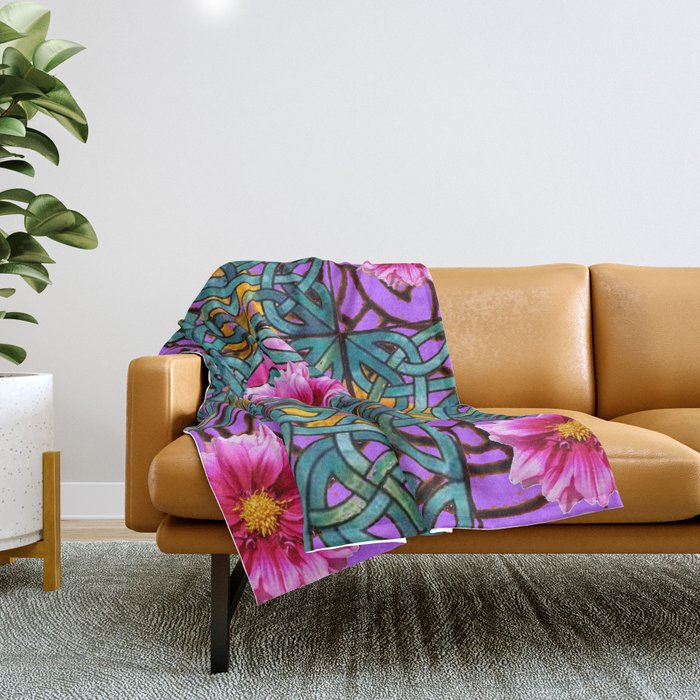 Lilac & Aqua Fuchsia Dahlias Inter-twining Art Nouveau Throw Blanket
