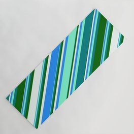 [ Thumbnail: Colorful Blue, Aquamarine, Teal, Dark Green, and Mint Cream Colored Lines/Stripes Pattern Yoga Mat ]
