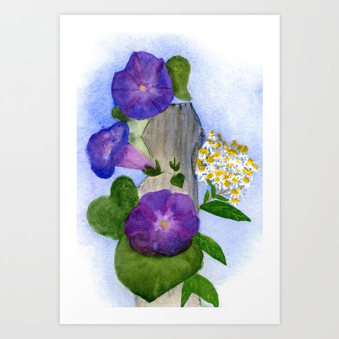 Morning Glories and Asters with the Garden Post, September Birth Flowers Art Print