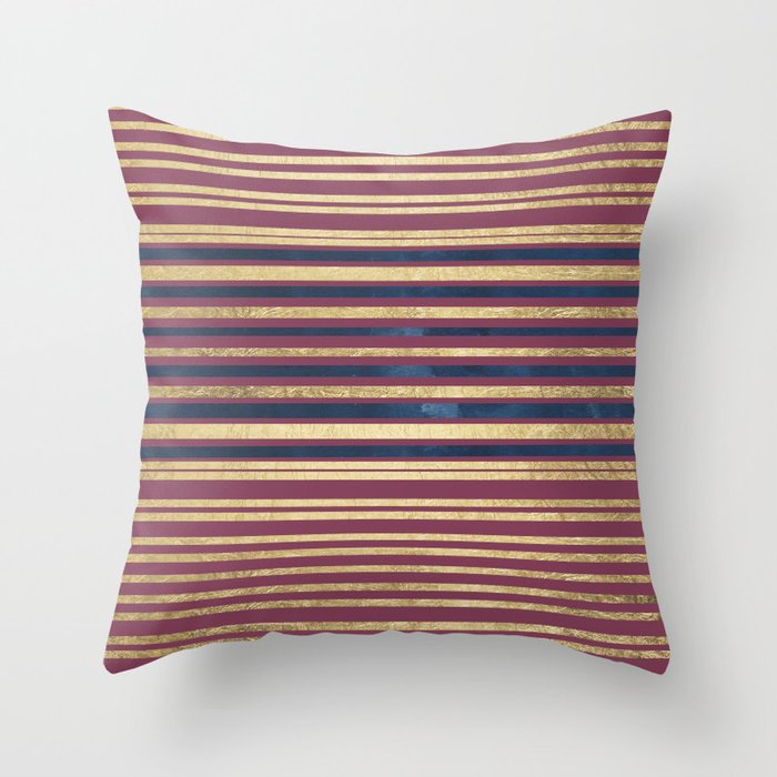 Geometric modern navy blue gold burgundy stripes Throw Pillow