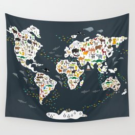Cartoon animal world map for children, kids, Animals from all over the world, back to school, gray Wall Tapestry