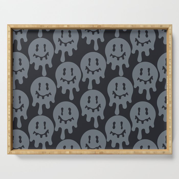 Melted Smiley Faces Trippy Seamless Pattern - Grey Serving Tray