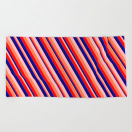 [ Thumbnail: Pink, Coral, Red, and Dark Blue Colored Pattern of Stripes Beach Towel ]
