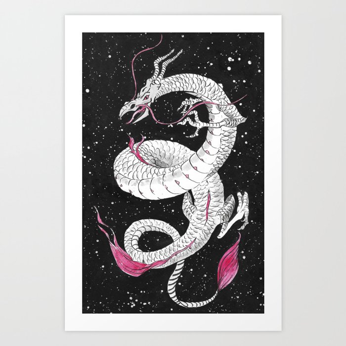 Illustration of a white dragon from the east in  black and red ink. Art Print