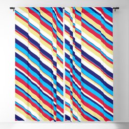 [ Thumbnail: Eyecatching Midnight Blue, Deep Sky Blue, Crimson, Tan, and White Colored Lined Pattern Blackout Curtain ]