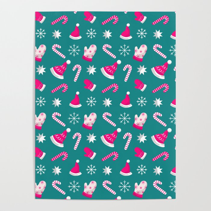 Christmas Pattern Turquoise Glove Hat Candy Poster