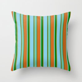 [ Thumbnail: Chocolate, Aquamarine, Sky Blue & Green Colored Stripes Pattern Throw Pillow ]