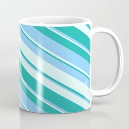 [ Thumbnail: Light Cyan, Light Sea Green & Light Sky Blue Colored Lines/Stripes Pattern Coffee Mug ]