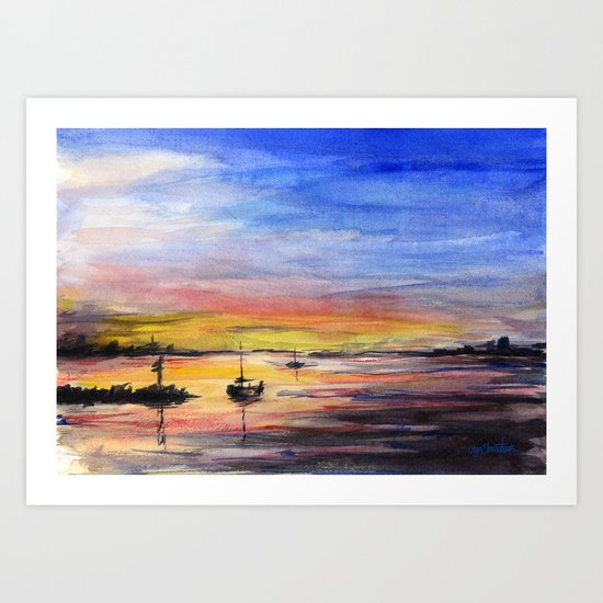 Sunset Watercolor Painting Landscape Art Art Print