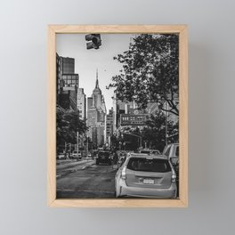 New York City Manhattan street with yellow taxi cab black and white Framed Mini Art Print
