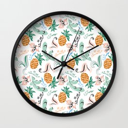  tropical leaves with pineapple fruits and flowers Wall Clock