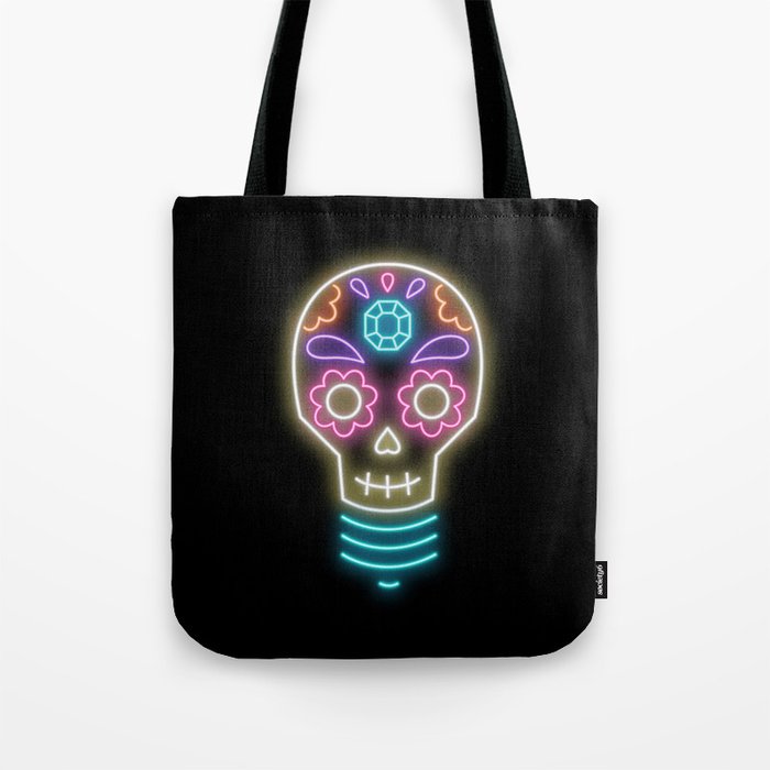 Neon sugar skull lightbulb Tote Bag