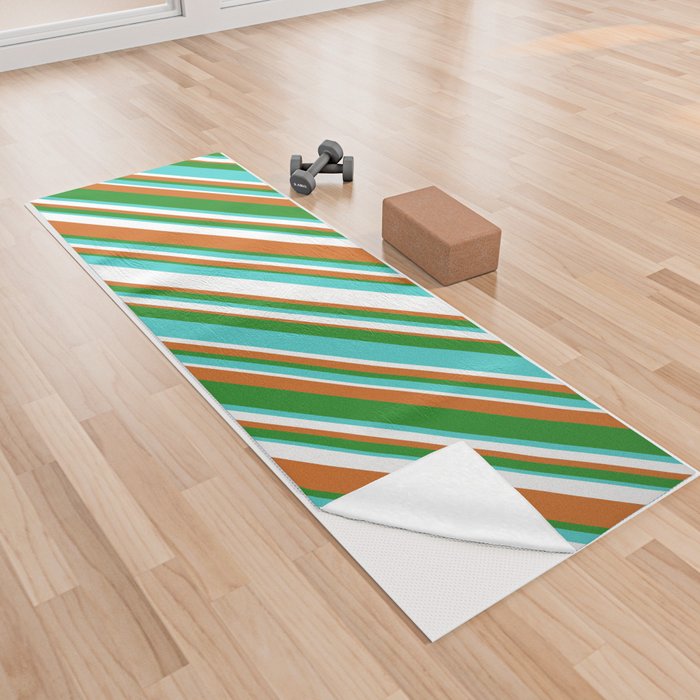 Chocolate, Forest Green, Turquoise, and White Colored Stripes/Lines Pattern Yoga Towel