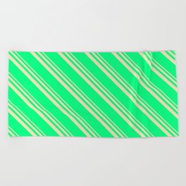 [ Thumbnail: Tan & Green Colored Striped Pattern Beach Towel ]