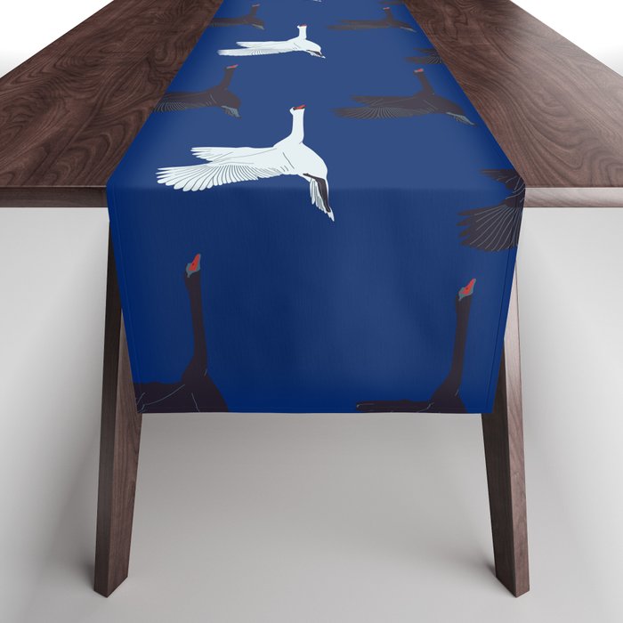 Flying Elegant Swan Pattern on Blue Background Table Runner