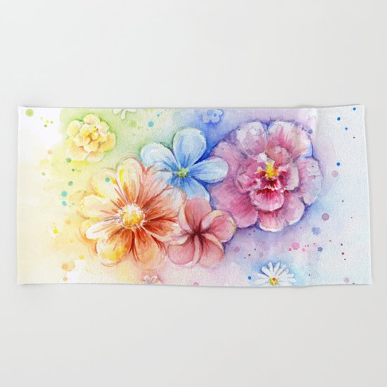 Flowers Rainbow Watercolor Beach Towel