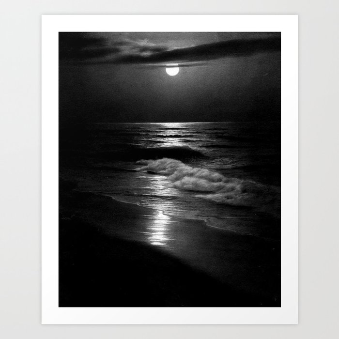 The summer sea moonlit coastal beach and waves with full moon black and white seascape photograph / photography by Rudolf Eickemeyer Jr. Art Print