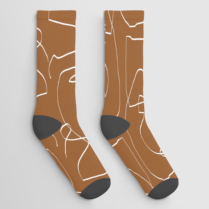 Line Art Woman Face Burnt Orange Socks