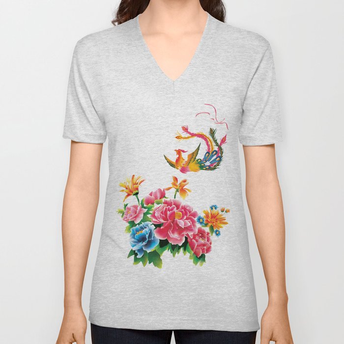 chinese peonies and phoenix V Neck T Shirt
