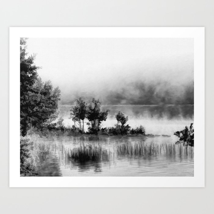 Watercolor Landscape on Water (Black and White) Art Print