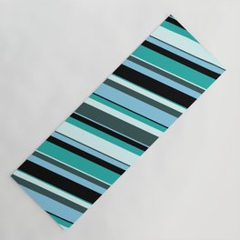 [ Thumbnail: Light Sea Green, Light Cyan, Dark Slate Gray, Sky Blue, and Black Colored Striped/Lined Pattern Yoga Mat ]