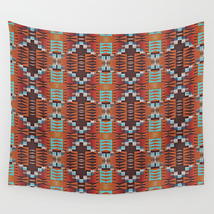 Red Brown Turquoise Orange Native American Indian Mosaic Pattern Wall Tapestry