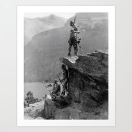 Eagle's Lookout, Blackfoot tribe members, Glacier Park, Montana, 1913 black and white photography Art Print