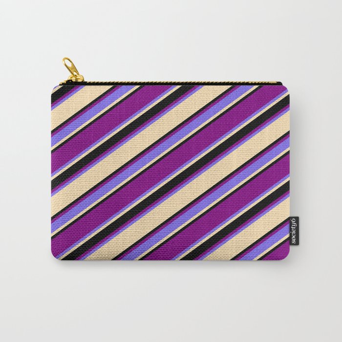 Purple, Medium Slate Blue, Beige, and Black Colored Striped/Lined Pattern Carry-All Pouch