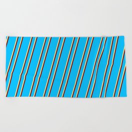 [ Thumbnail: Deep Sky Blue, Tan & Maroon Colored Stripes/Lines Pattern Beach Towel ]