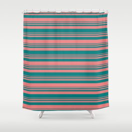 [ Thumbnail: Light Coral and Teal Colored Lined Pattern Shower Curtain ]