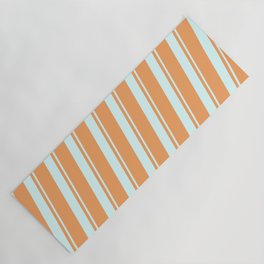[ Thumbnail: Brown & Light Cyan Colored Lined/Striped Pattern Yoga Mat ]