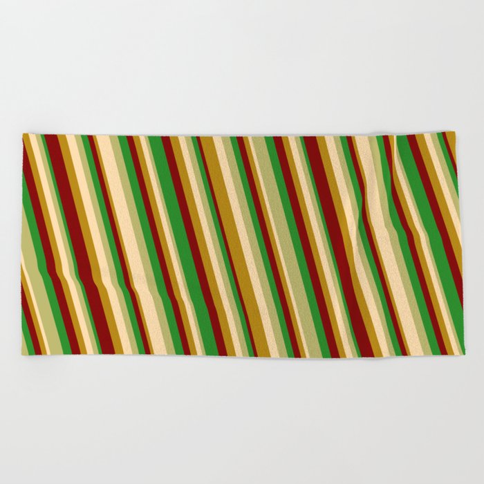 Eye-catching Forest Green, Dark Khaki, Tan, Dark Goldenrod & Maroon Colored Stripes Pattern Beach Towel