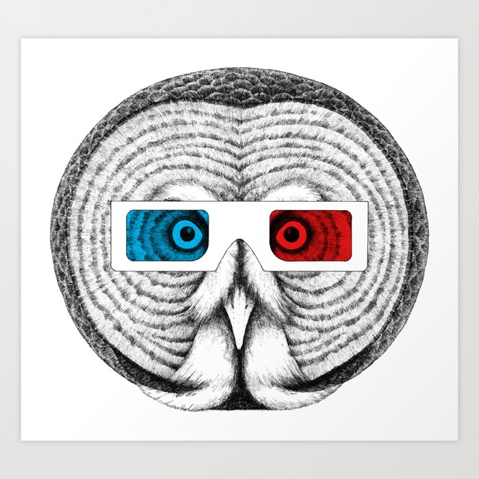 Great Gray Owl Wears 3d Glasses Art Print By Starvingmonkey Society6