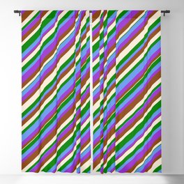 [ Thumbnail: Colorful Cornflower Blue, Dark Orchid, Brown, Beige & Green Colored Lined/Striped Pattern Blackout Curtain ]