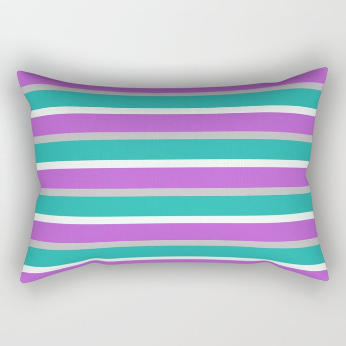 Grey, Light Sea Green, Mint Cream, and Orchid Colored Lined Pattern Rectangular Pillow