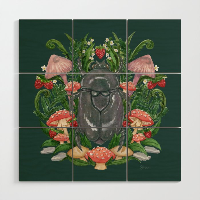 Summer Beetle with Strawberries and Mushrooms - Emerald Version Wood Wall Art