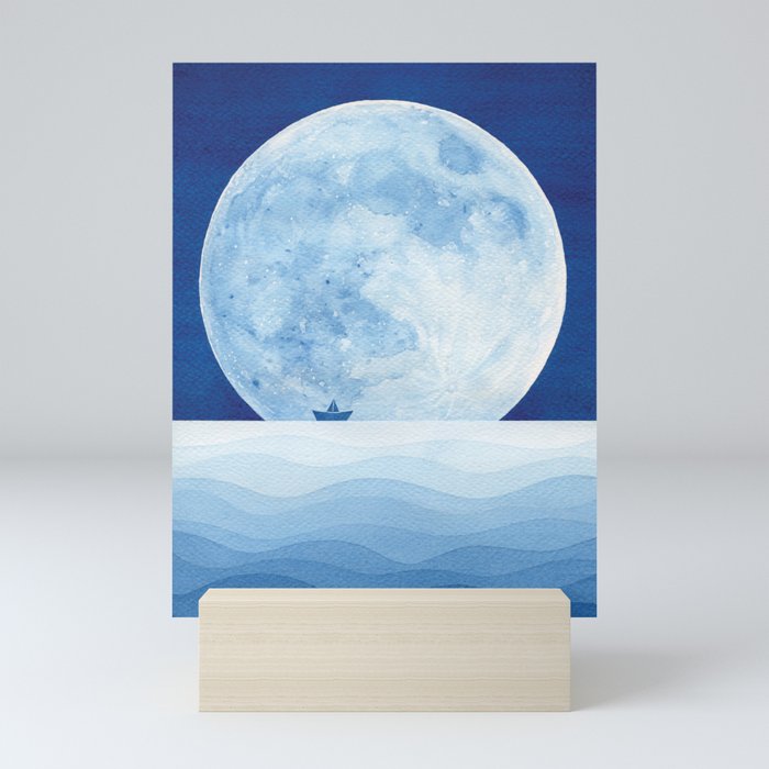 Full moon & paper boat Mini Art Print