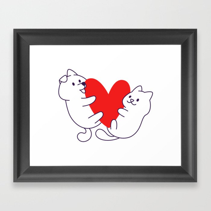 Cat and dog hugging heart Framed Art Print
