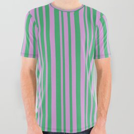 [ Thumbnail: Sea Green and Plum Colored Pattern of Stripes All Over Graphic Tee ]