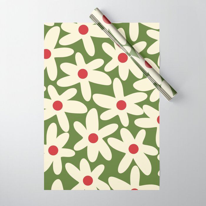 Daisy Time Floral Pattern in Christmas Holidays Red Green Cream Wrapping Paper