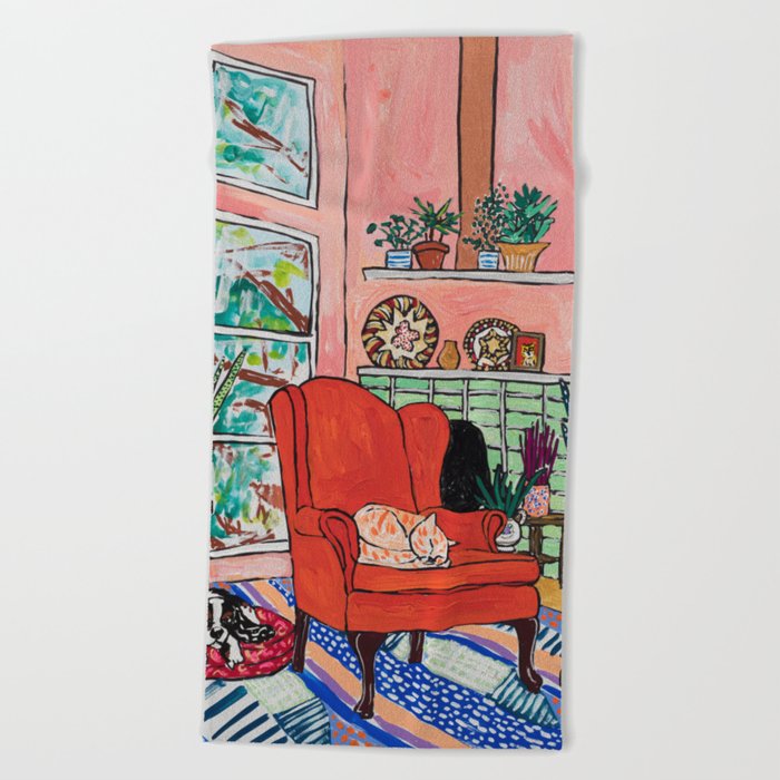 Red Armchair in Pink Interior with Houseplants, Ginger Cat, and Spaniel Interior Painting Beach Towel