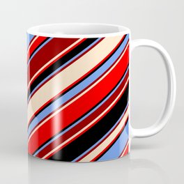 [ Thumbnail: Cornflower Blue, Dark Red, Bisque, Red & Black Colored Stripes Pattern Coffee Mug ]