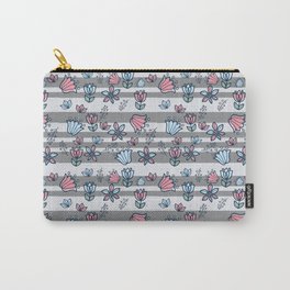 Gray stripes with pink and blue flowers Carry-All Pouch | Horizontal, Parrallel, Graphicdesign, Flowers, Blueflowers, Pinkflowers, Irregularstripes, Grey, Striped, Lines 