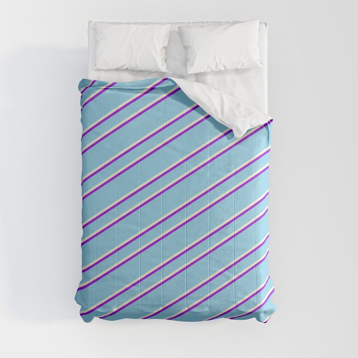Sky Blue, Beige, and Dark Violet Colored Pattern of Stripes Comforter