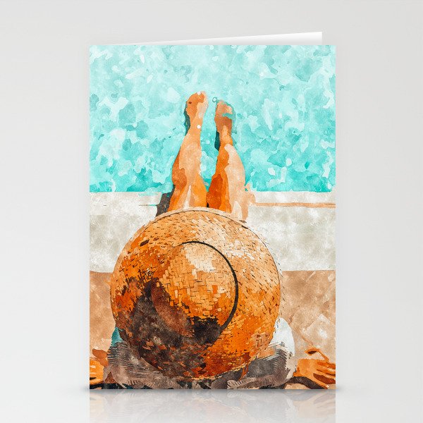 By The Pool All Day, Summer Travel Woman Swimming, Tropical Fashion Bohemian Painting Stationery Cards