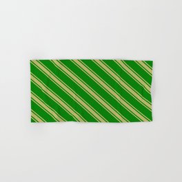 [ Thumbnail: Green & Dark Khaki Colored Lines Pattern Hand & Bath Towel ]