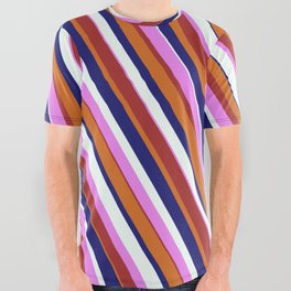 [ Thumbnail: Eyecatching Chocolate, Midnight Blue, Mint Cream, Violet & Brown Colored Lines Pattern All Over Graphic Tee ]