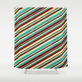 [ Thumbnail: Pale Goldenrod, Light Sea Green, and Dark Red Colored Striped Pattern Shower Curtain ]