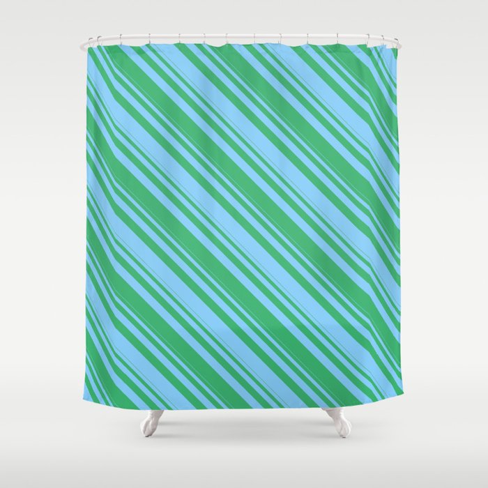 Light Sky Blue & Sea Green Colored Striped/Lined Pattern Shower Curtain