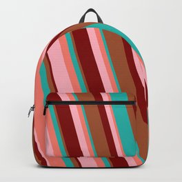 [ Thumbnail: Eye-catching Sienna, Light Sea Green, Salmon, Light Pink, and Maroon Colored Striped Pattern Backpack ]